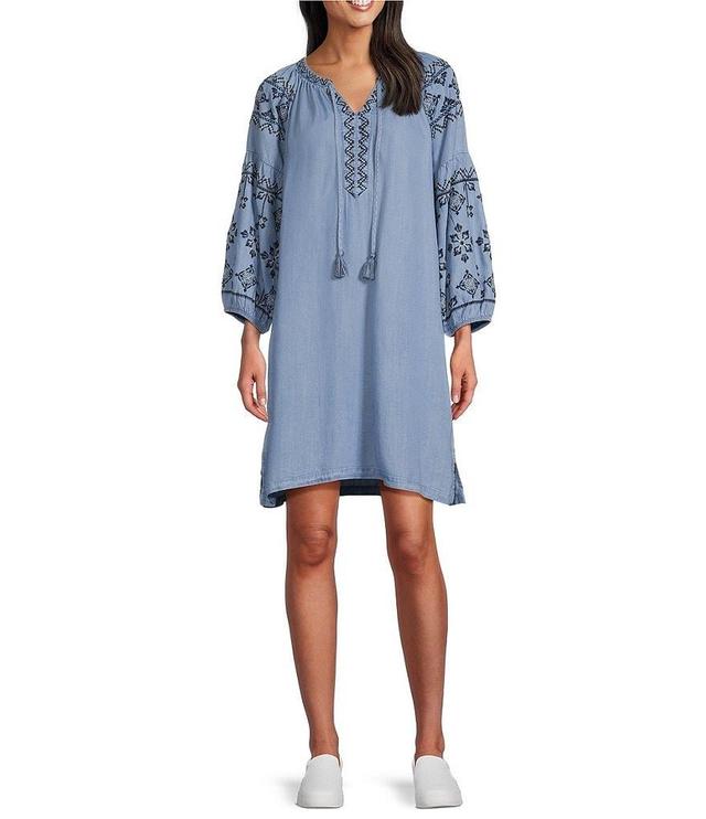 Nurture by Westbound Petite Size Embroidered Tassel Tie Y-Neck 3/4 Sleeve Shift Dress Product Image