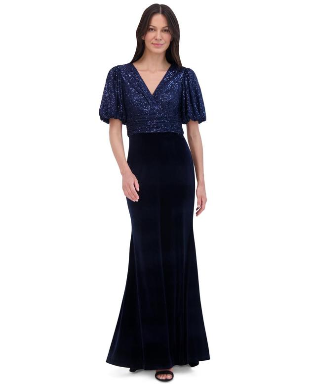 Eliza J Womens Sequined Velvet Puff-Sleeve Gown Product Image