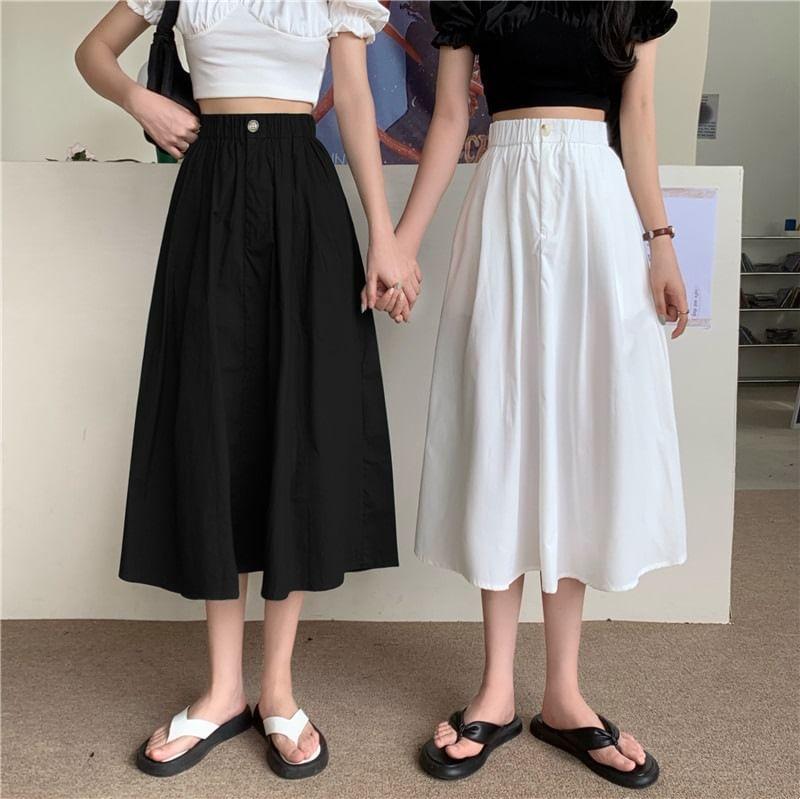 High Rise Plain Midi A-Line Skirt Product Image