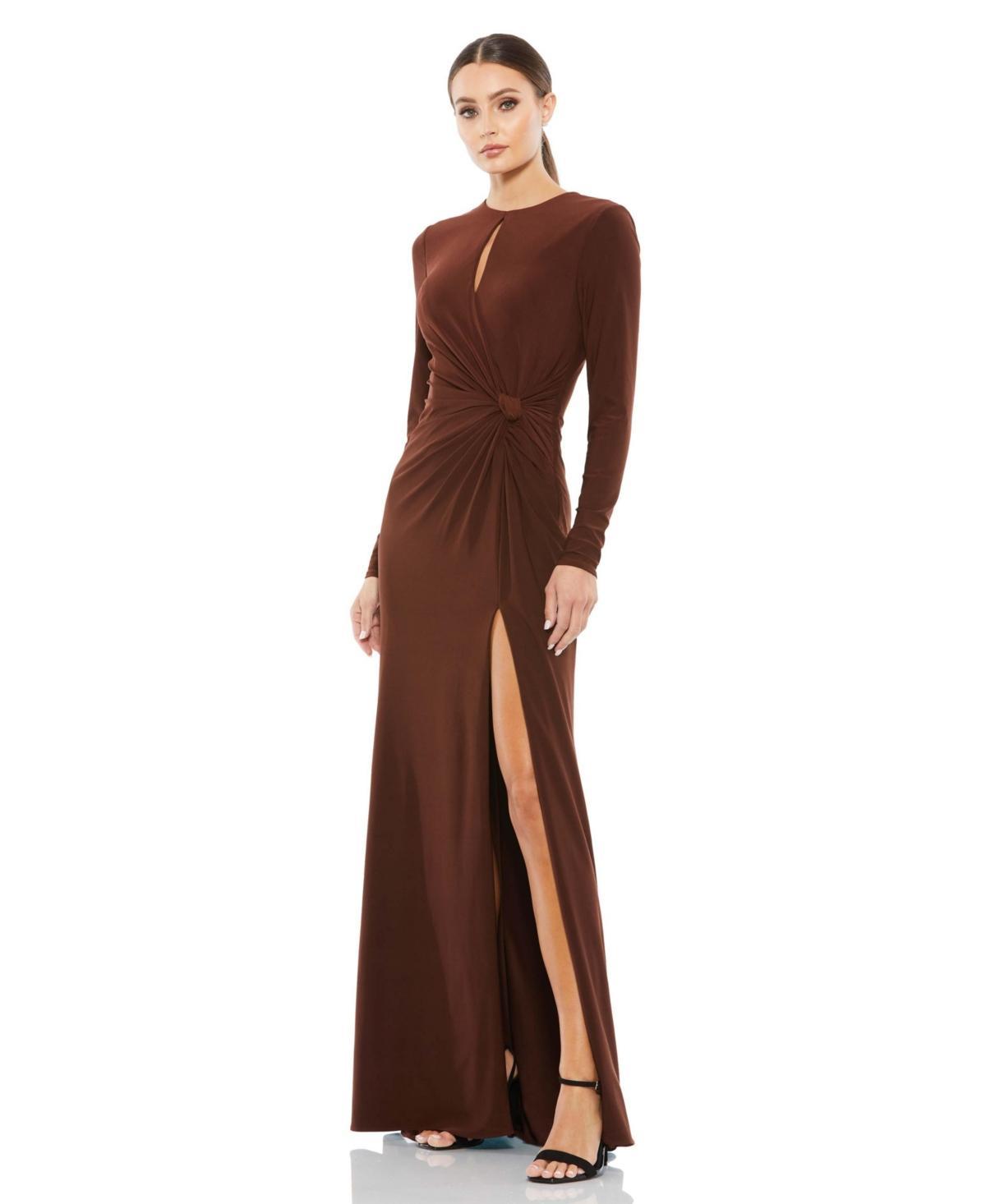 Mac Duggal Long Sleeve Keyhole Crew Neck Knot Waist Gown Product Image