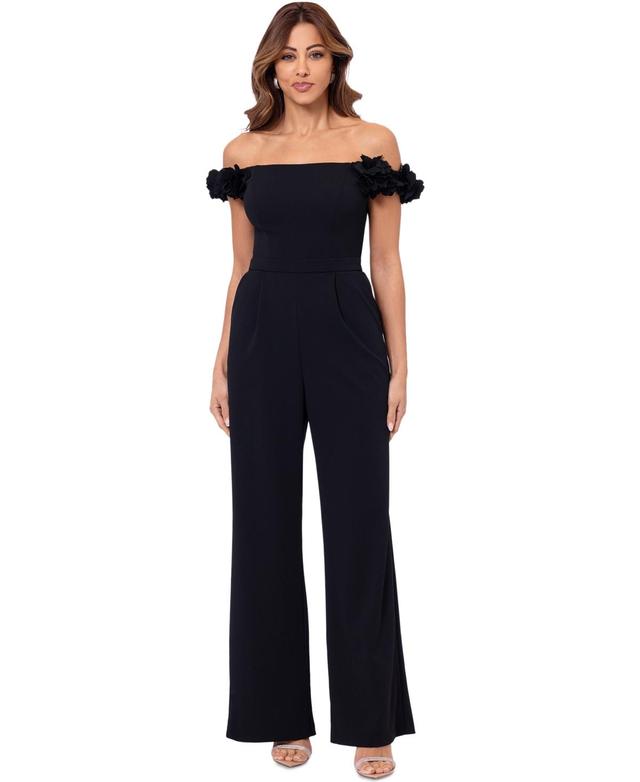 Xscape Womens Off-The-Shoulder Ruffle Straight-Leg Jumpsuit - Black Product Image