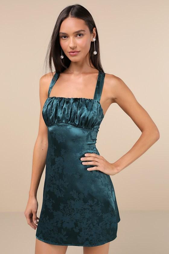 Exquisite Outlook Teal Floral Jacquard Satin Lace-Up Mini Dress Product Image