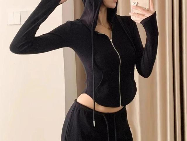 Plain Zip Hoodie / Drawstring Waist Wide Leg Pants Product Image