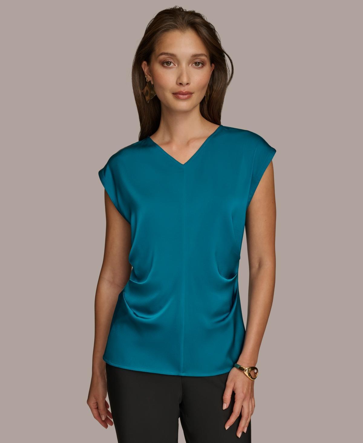 Donna Karan Womens Cap-Sleeve Ruched V-Neck Blouse Product Image