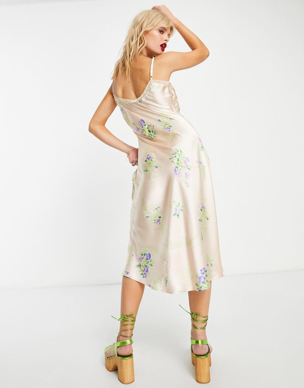 Reclaimed Vintage Limited Edition satin midi dress with floral embellishment-Multi Product Image