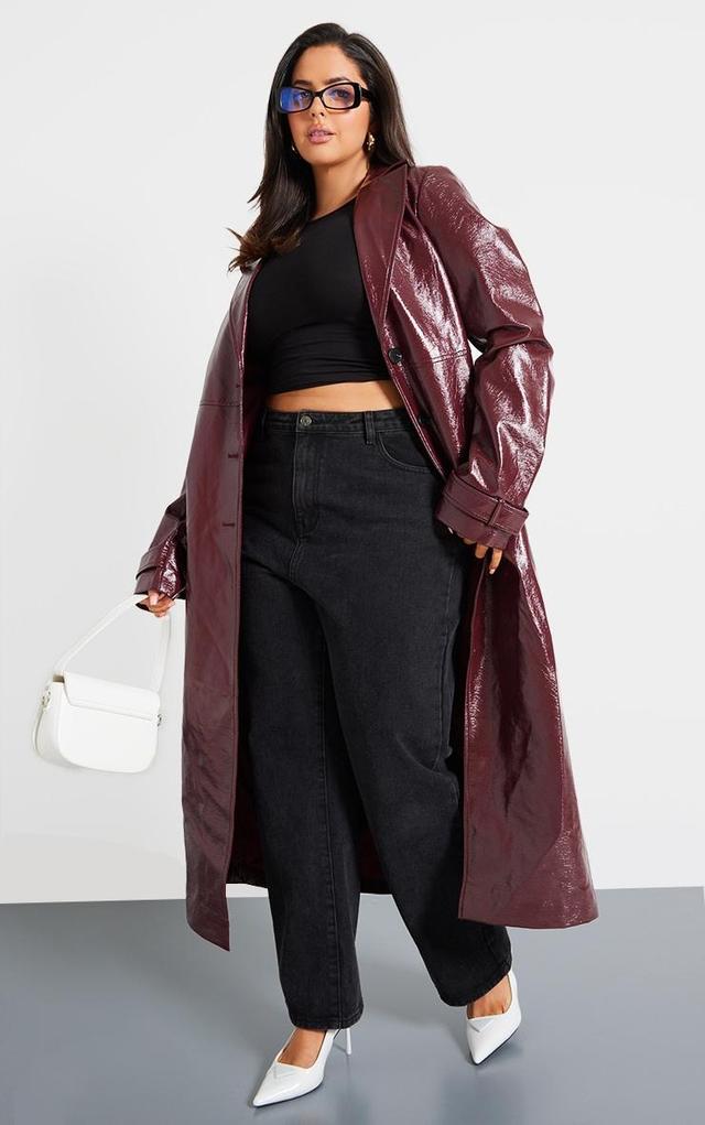 Plus Wine High Shine Textured Faux Leather Maxi Coat Product Image