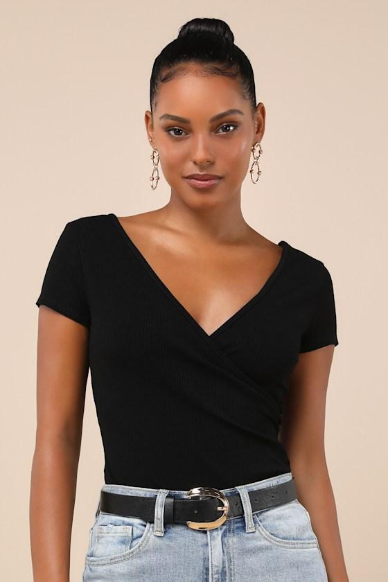 All Day Fave Black Ribbed Surplice Short Sleeve Bodysuit Product Image