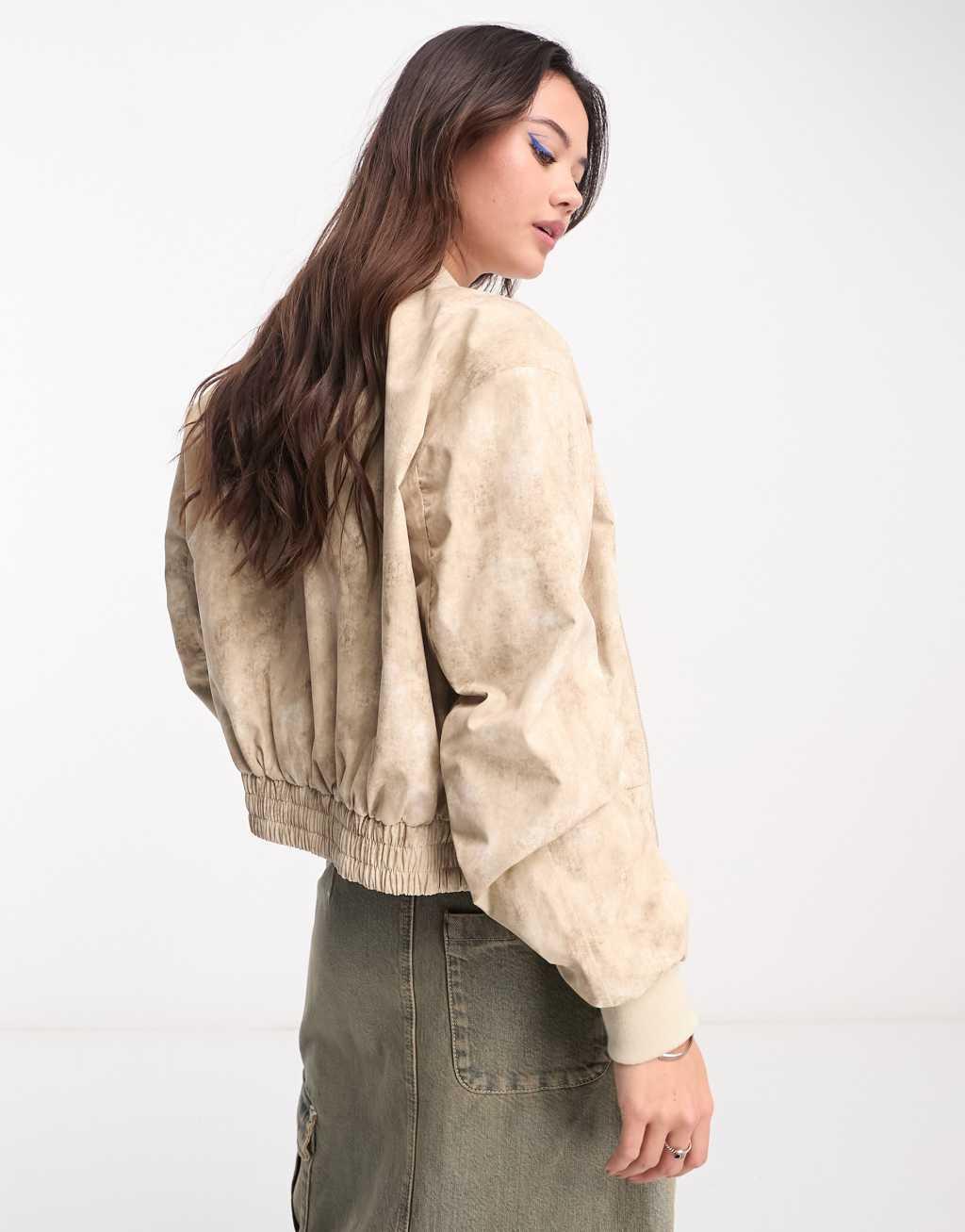 COLLUSION distressed printed bomber jacket in neutral  Product Image