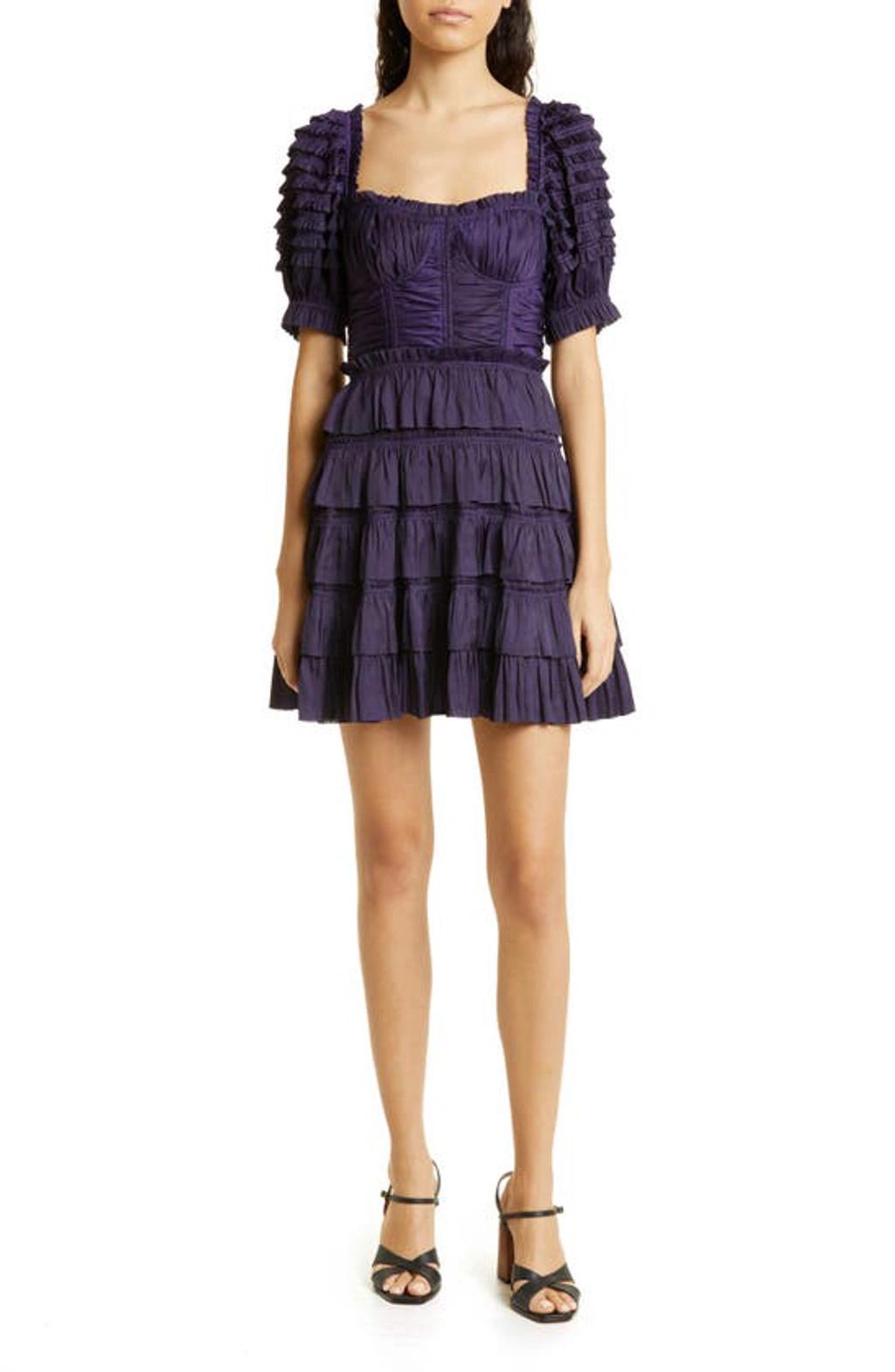 Lucette Tiered Ruffle Bustier Mini Dress In Purple Product Image