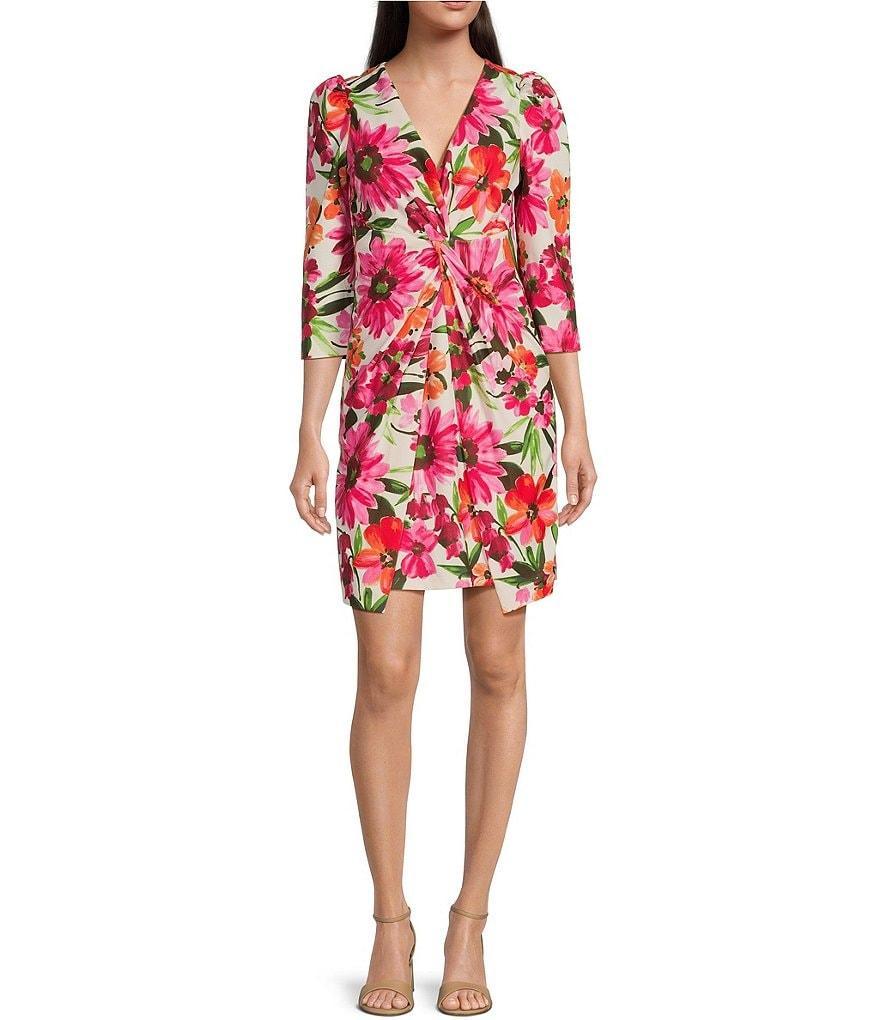 Julia Jordan Stretch Crepe Floral V-Neck 3/4 Sleeve Twist Front Dress Product Image