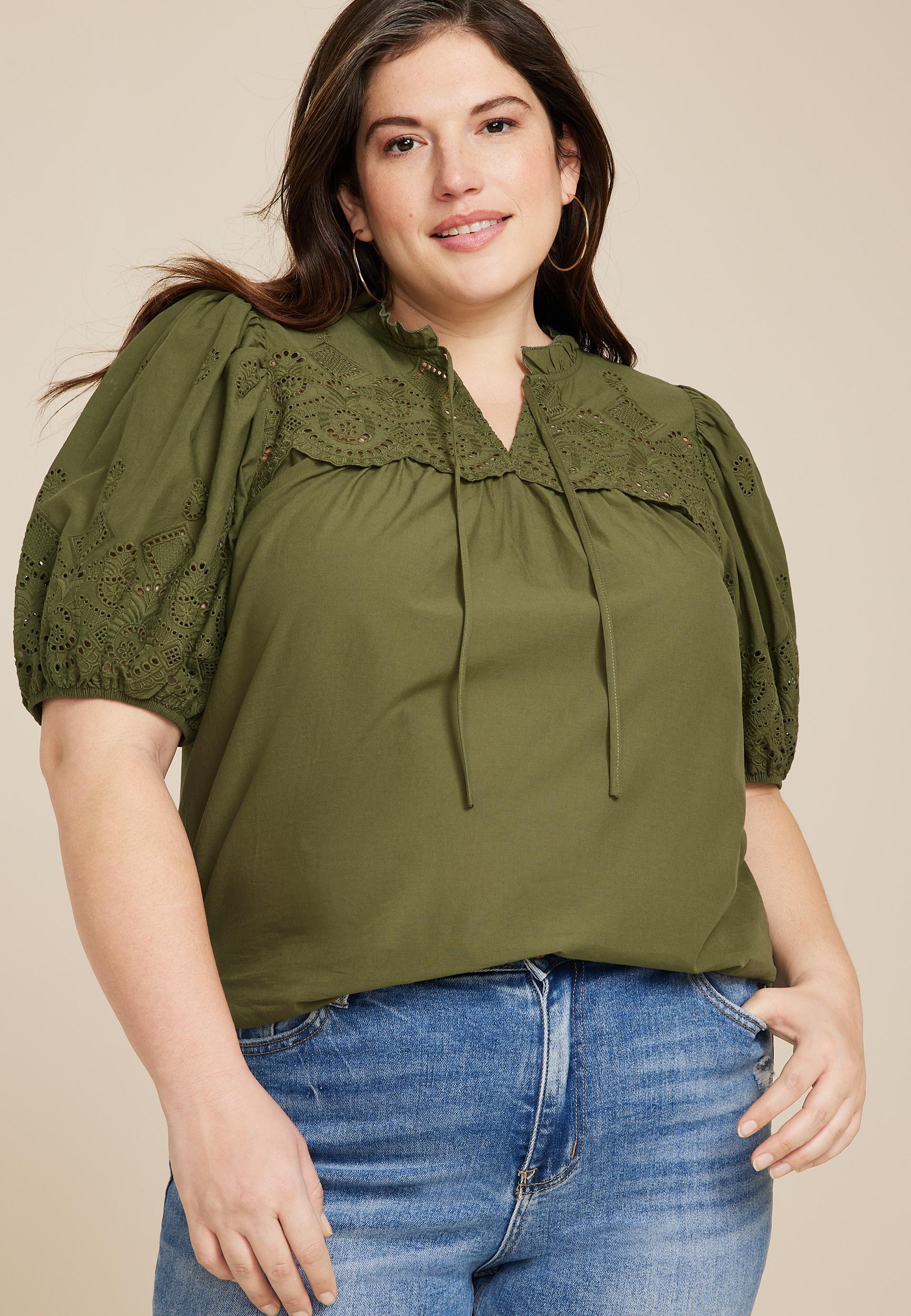 Maurices 3X Plus Size Womens Eyelet Tie Front Blouse Green Product Image