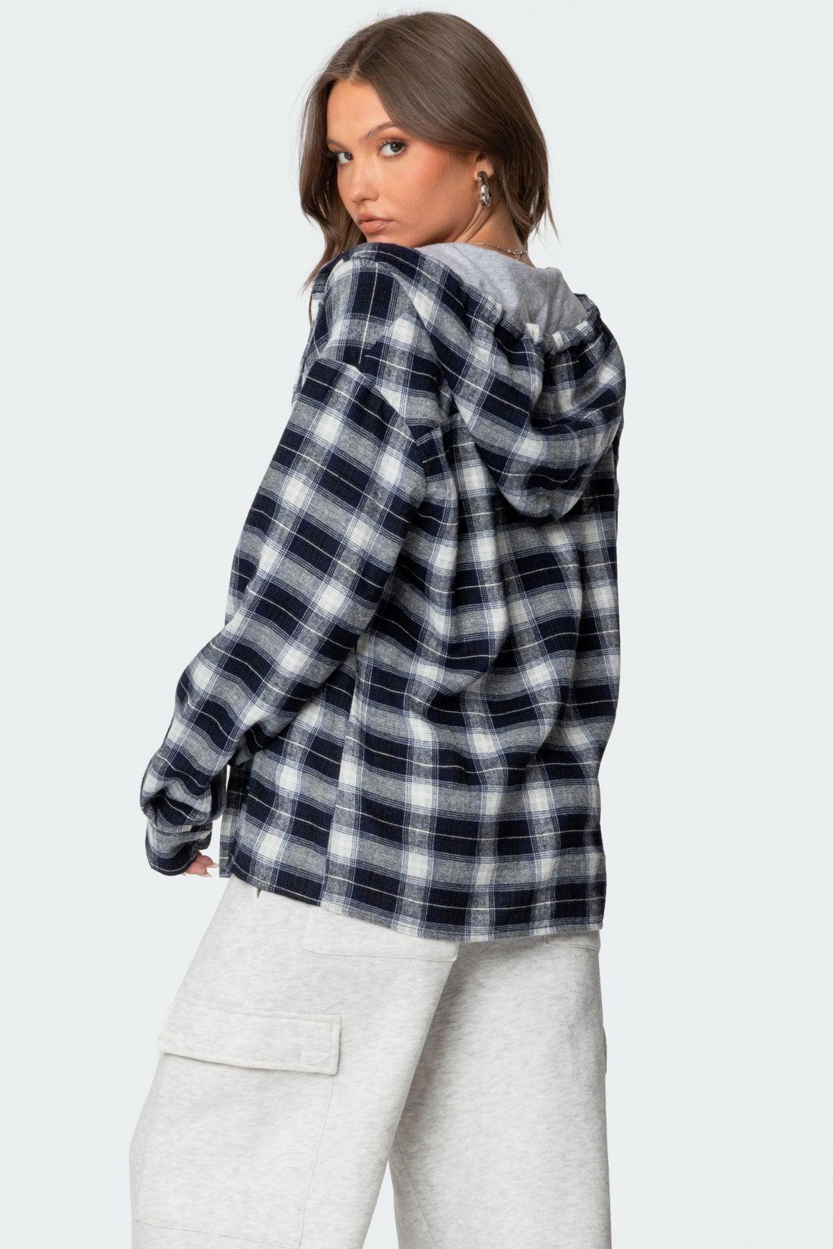 Plaid Hooded Button Up Shirt Product Image