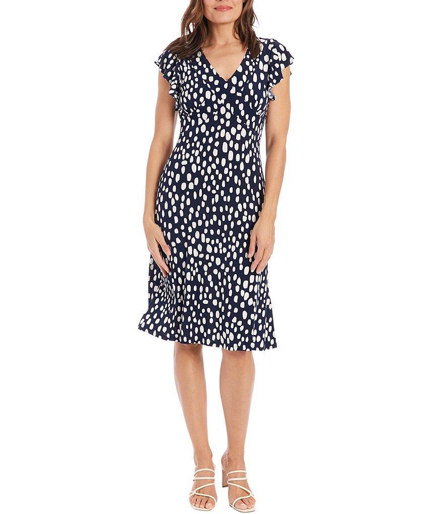 London Times Short Ruffle Sleeve V-Neck Dot Print Dress Product Image