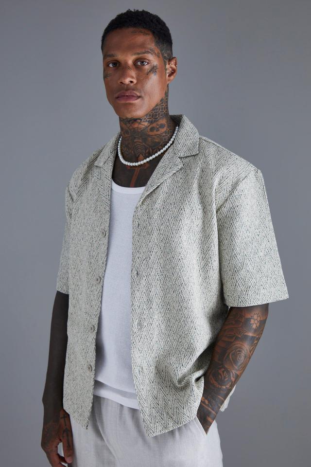 Dropped Revere Textured Herringbone Shirt | boohooMAN USA Product Image