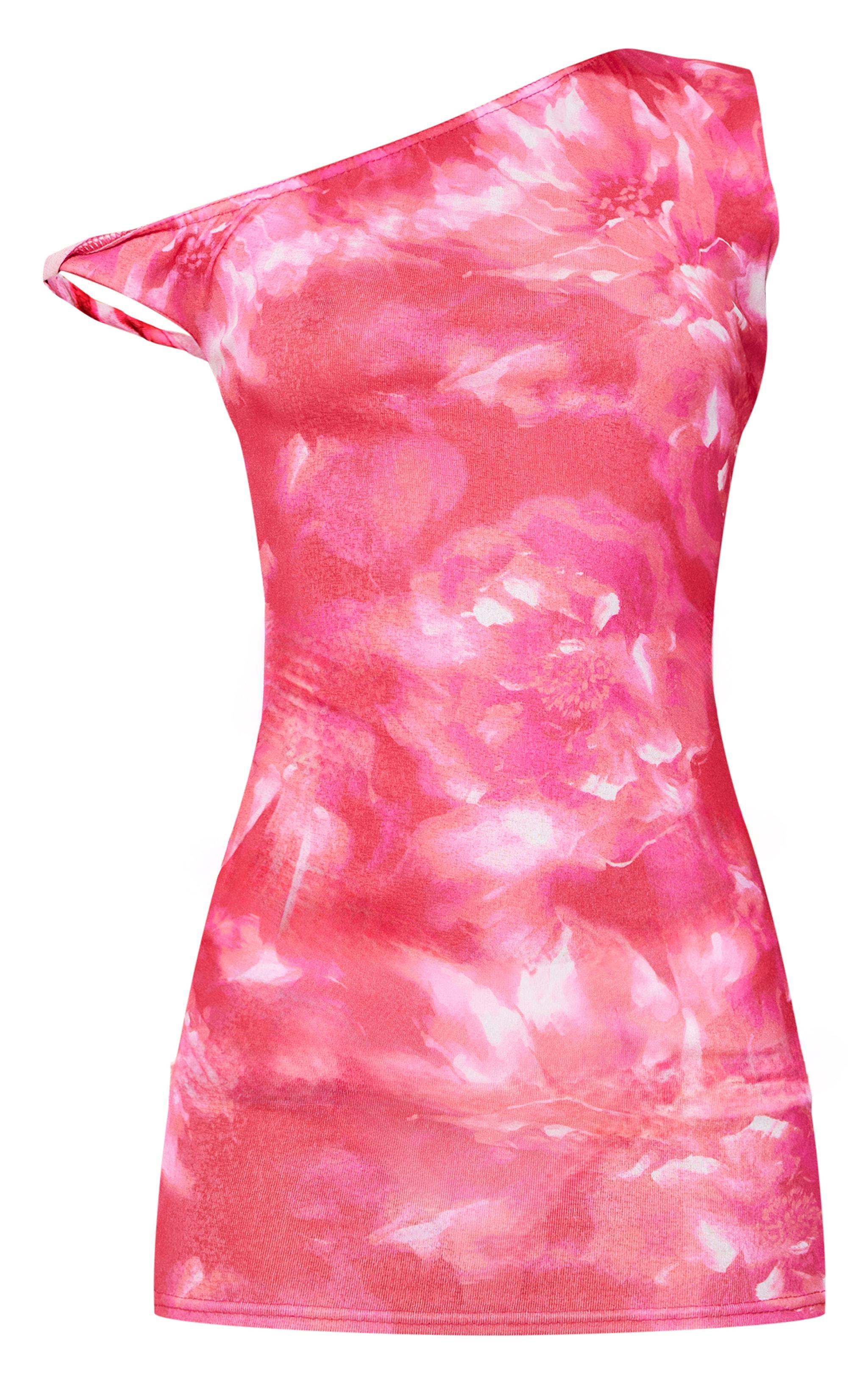 Pink Asymmetric Onion Skin Flower Print Bodycon Dress Product Image