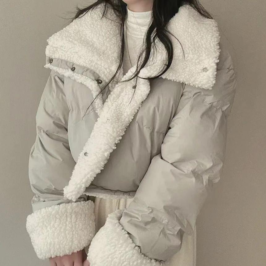 Plain Fluffy Trim Snap Button Puffer Jacket Product Image