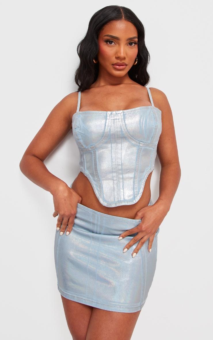 Silver Metallic Coated Denim Corset Top Product Image