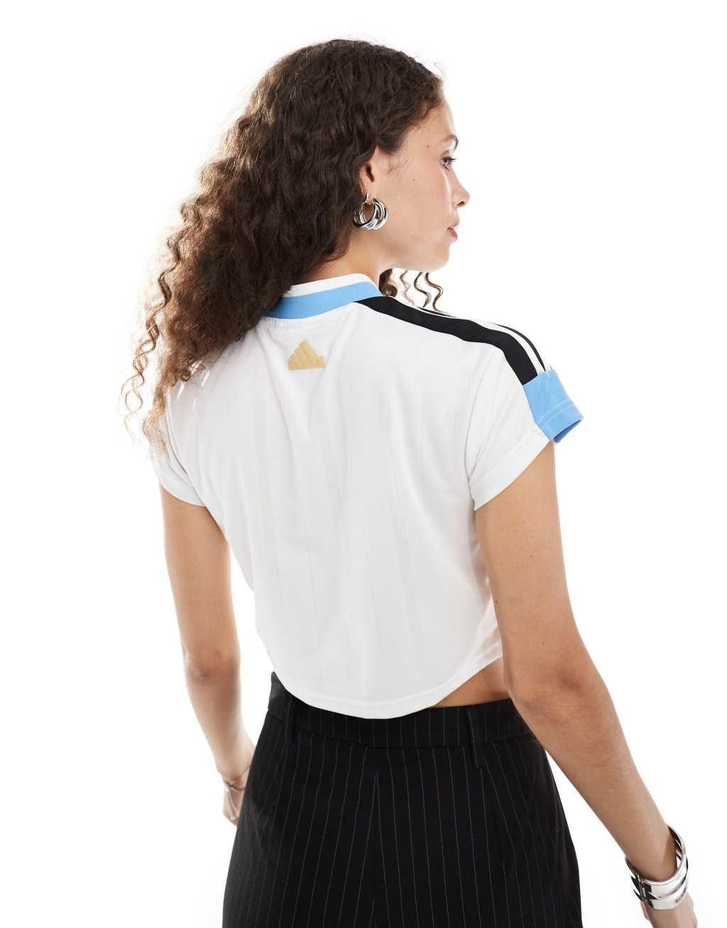 adidas Football Tiro crop t-shirt in white with blue stripes Product Image