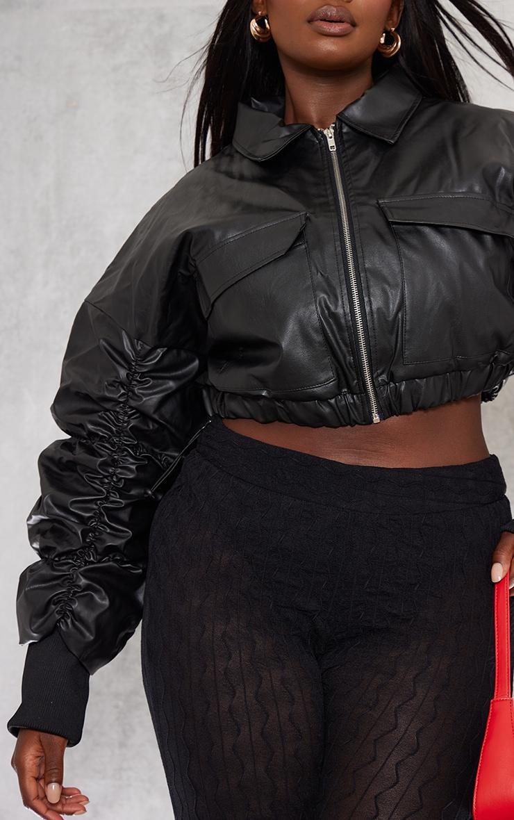 Plus Black Ruched Sleeve Cropped Faux Leather Bomber Jacket Product Image