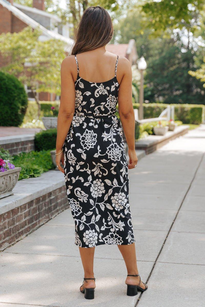 Black Print Tie Waist Midi Dress - FINAL SALE Product Image