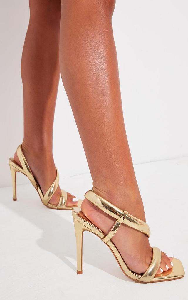 Gold Metallic PU Square Toe Padded Asymmetric High Heeled Sandals Product Image