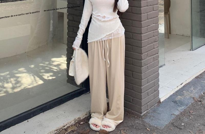 Off-Shoulder Long-Sleeve Lace Panel Knit Top / High Waist Plain Wide Leg Pants Product Image