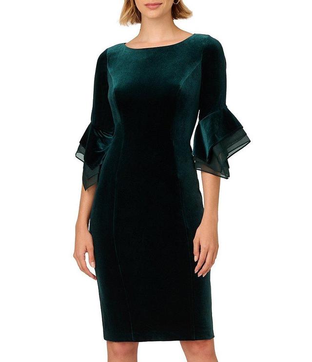 Adrianna Papell Stretch Velvet Boat Neck 3/4 Tiered Bell Sleeve Sheath Dress Product Image