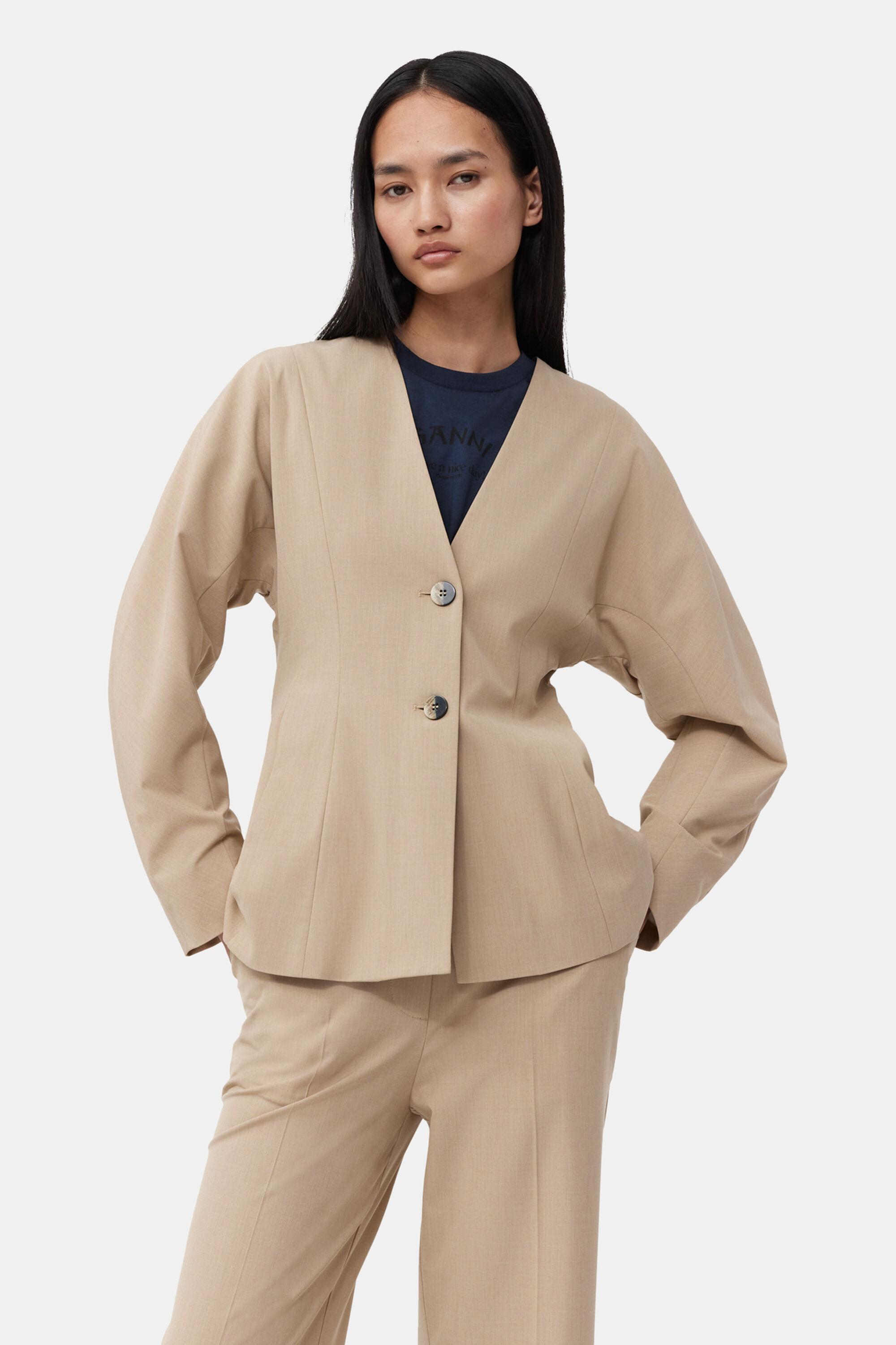 Beige Fitted Drapey Melange Blazer Product Image