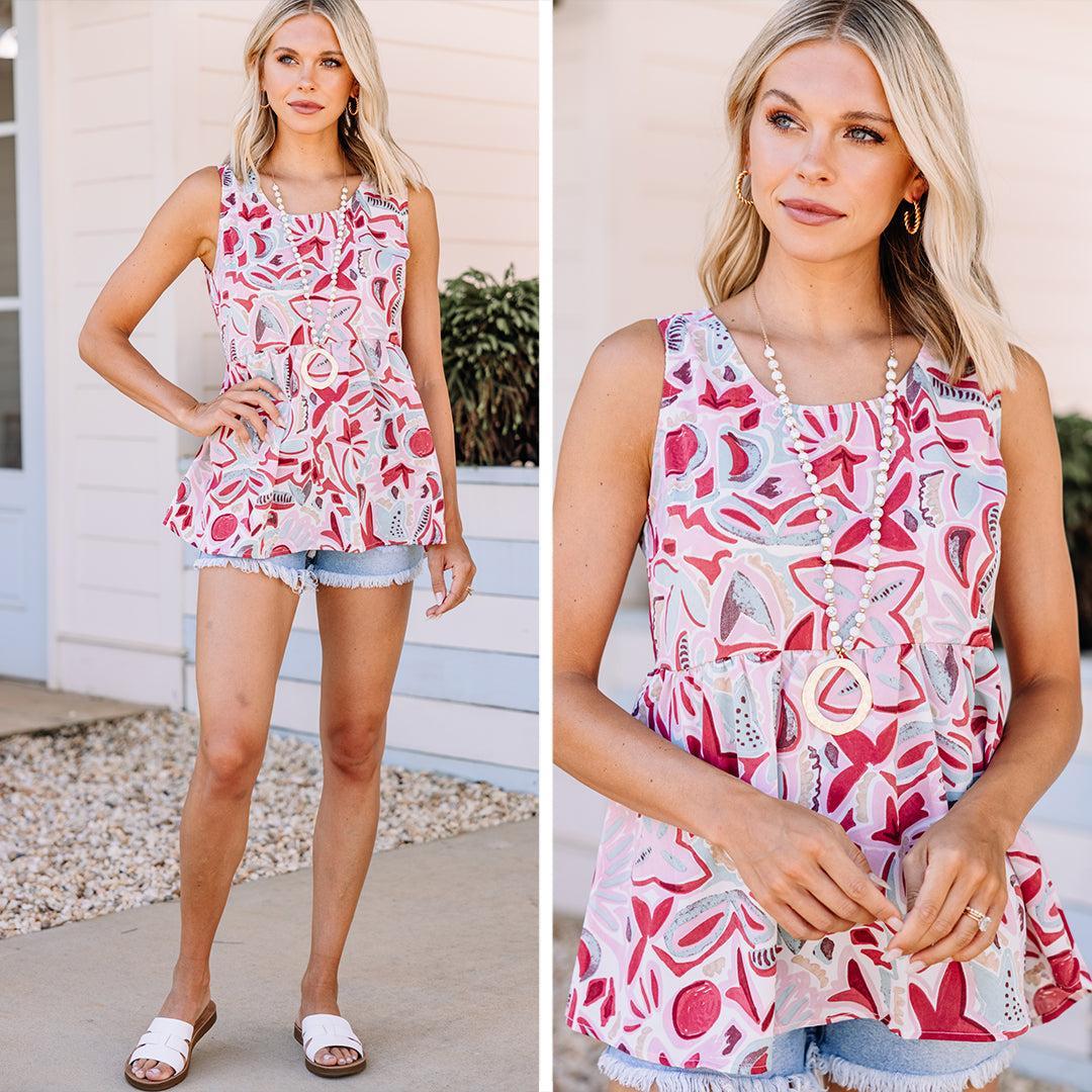 Get Their Attention Red Pink Floral Babydoll Tank Female Product Image