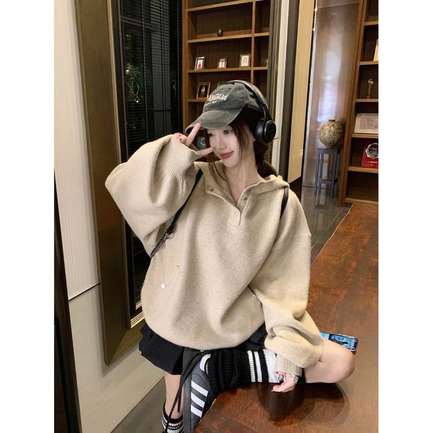 Plain Snap Button Knit Hoodie Product Image