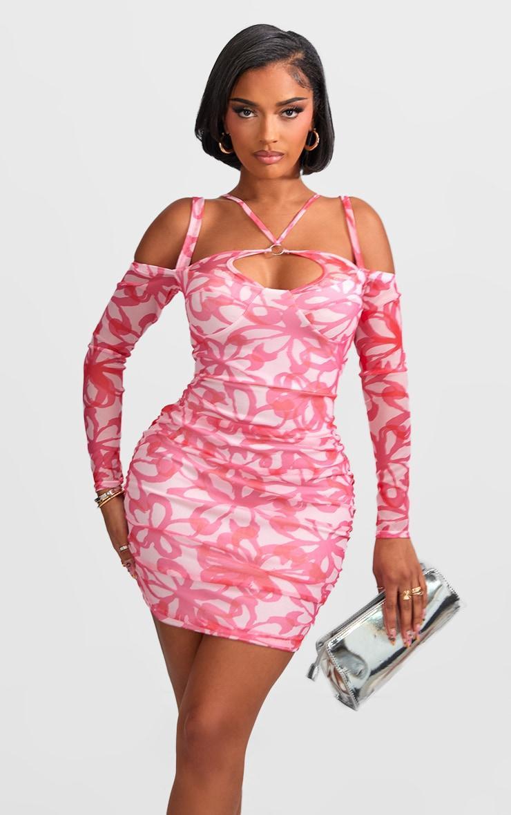 Shape Hot Pink Floral Print Mesh Ring Halterneck Ruched Bodycon Dress Product Image