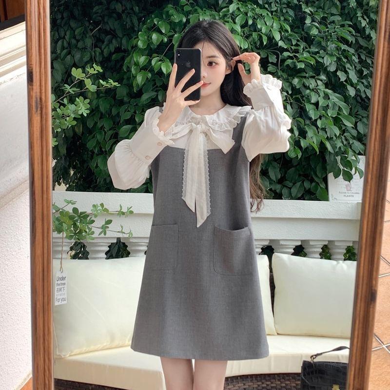 Mock Two-Piece Long-Sleeve Collar Two Tone Bow A-Line Dress Product Image