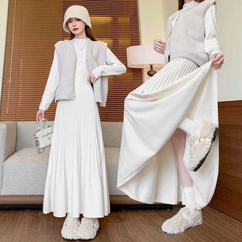 Elastic Waist Plain Midi A-Line Knit Skirt Product Image