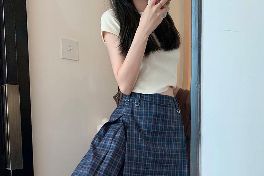 High Waist Plaid Pleated Midi A-Line Skirt Product Image