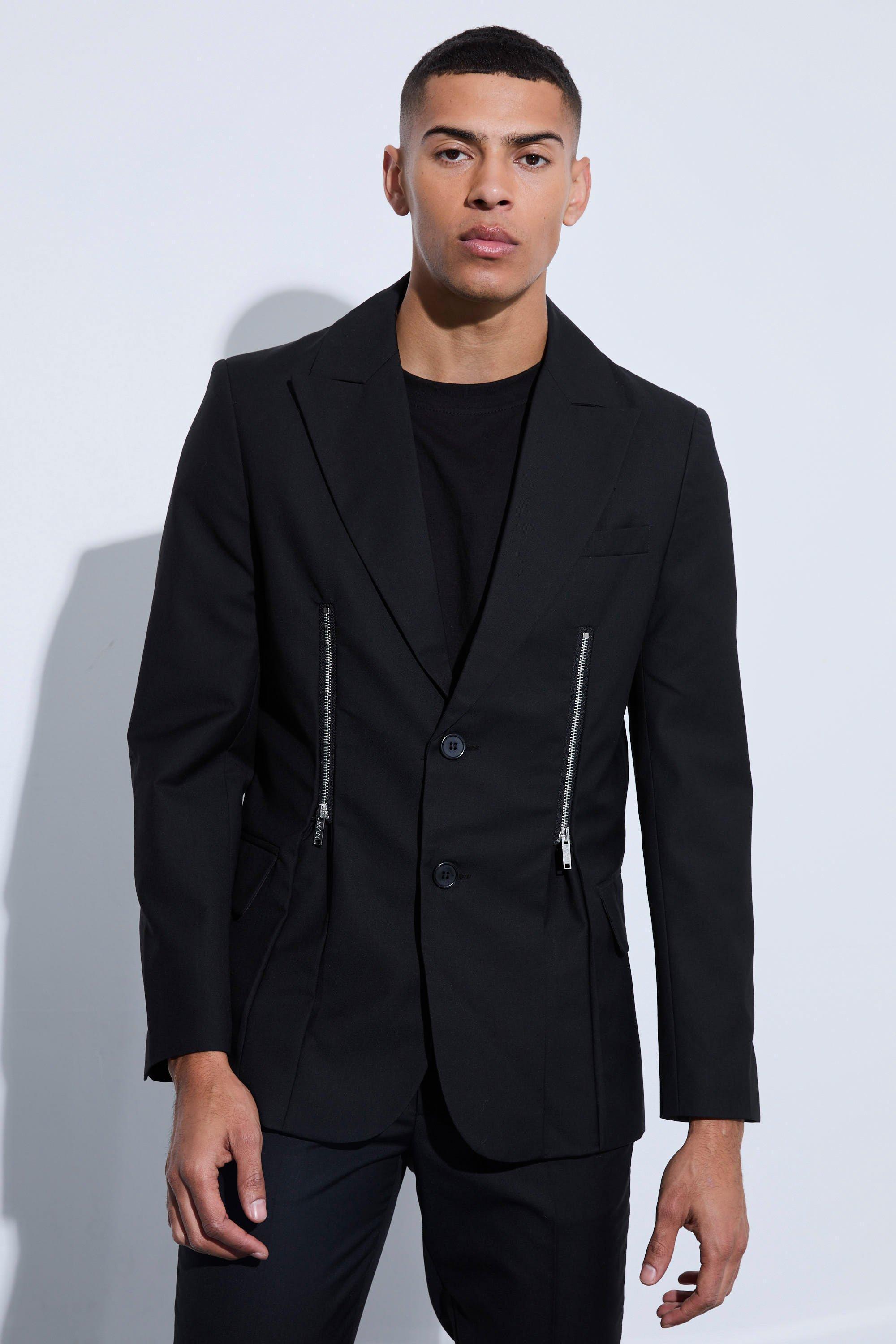 Mens Black Skinny Fit Zip Hem Suit Jacket, Black Product Image