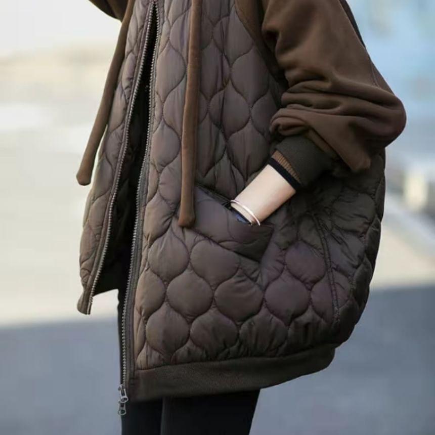 Hooded Plain Quilted Zip Up Jacket Product Image