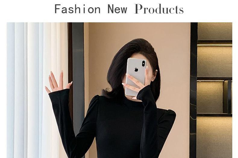 Long-Sleeve Plain Mini A-Line Dress Product Image