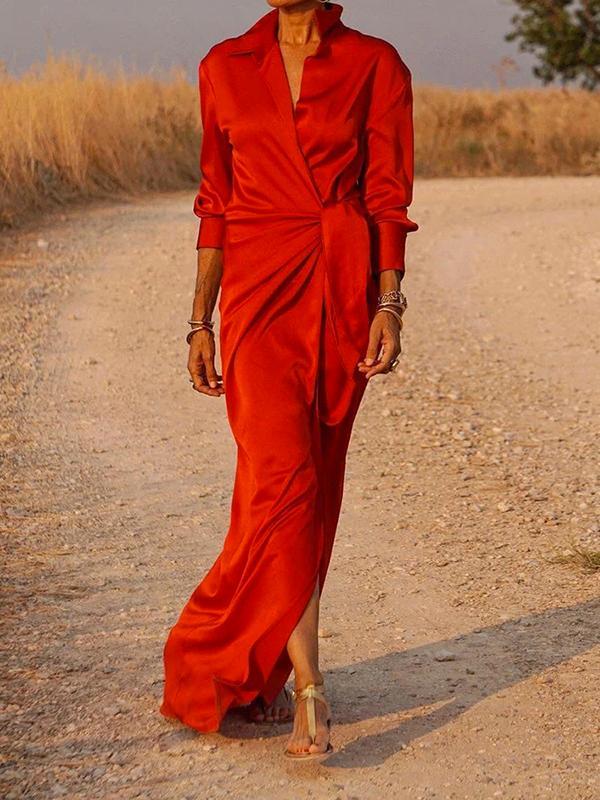 Long Sleeves Loose Solid Color Lapel Collar Maxi Shirt Dresses Product Image