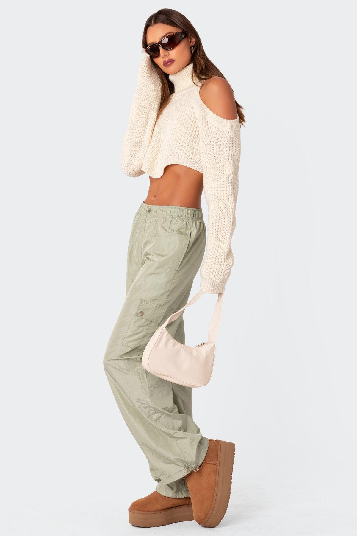 Asymmetric Cropped Open Shoulder Turtle Neck Sweater Product Image