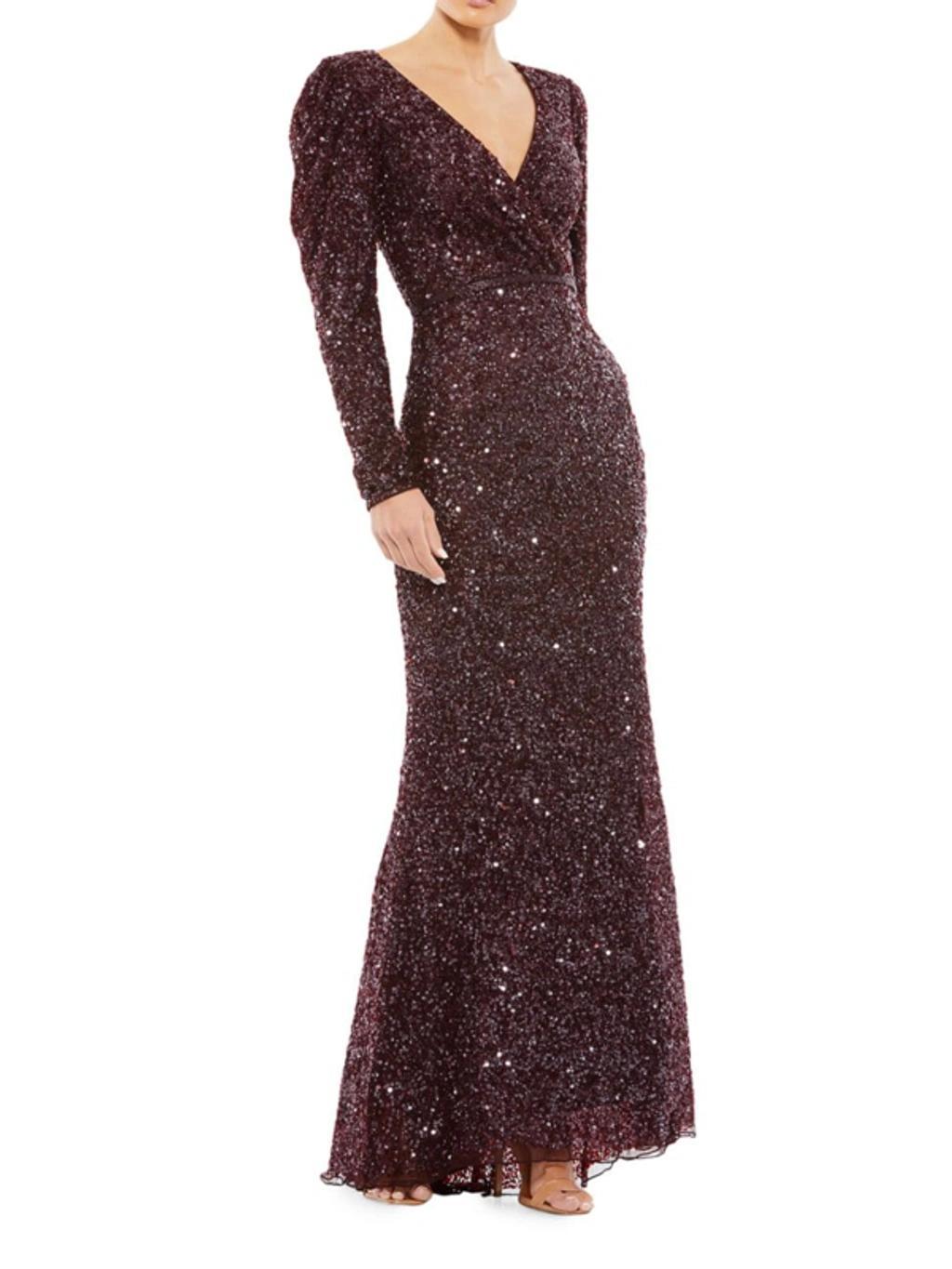 Long Sleeve Sequin Trumpet Gown In Mahogany Product Image