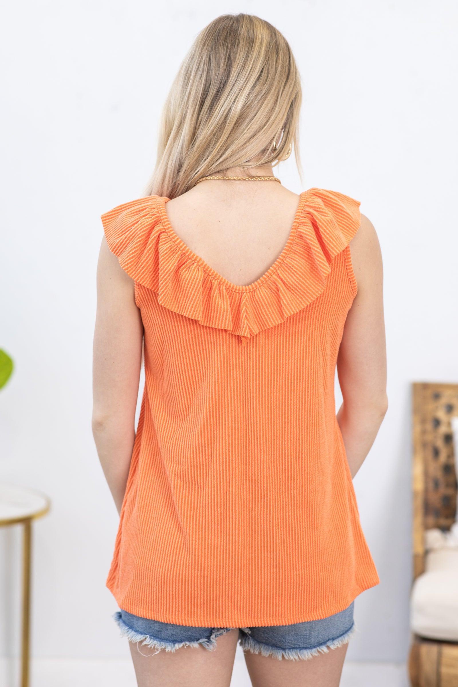 Orange Ruffled V-Neck Ribbed Knit Tank Product Image