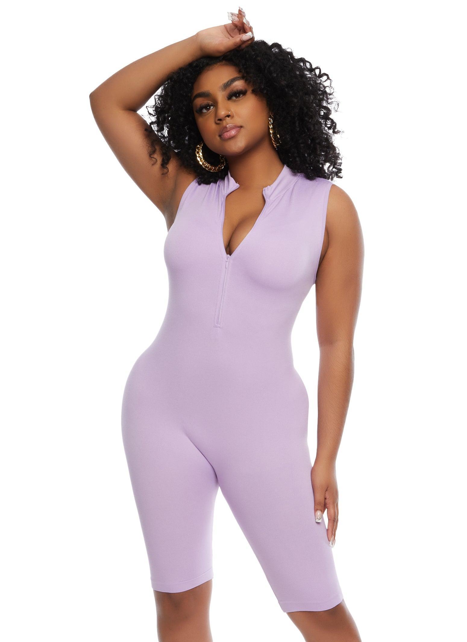 Womens Seamless Ribbed Zip Front Romper Product Image