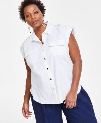 Plus Size Linen-Blend Sleeveless Utility Shirt, Created for Macy's Product Image