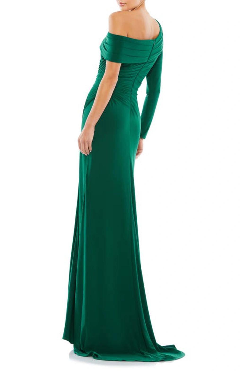 Foldover Neck One-shoulder Jersey Gown In Green Product Image