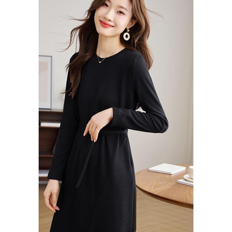 Long Sleeve Round Neck Plain Knitted Midi A-Line Dress Product Image