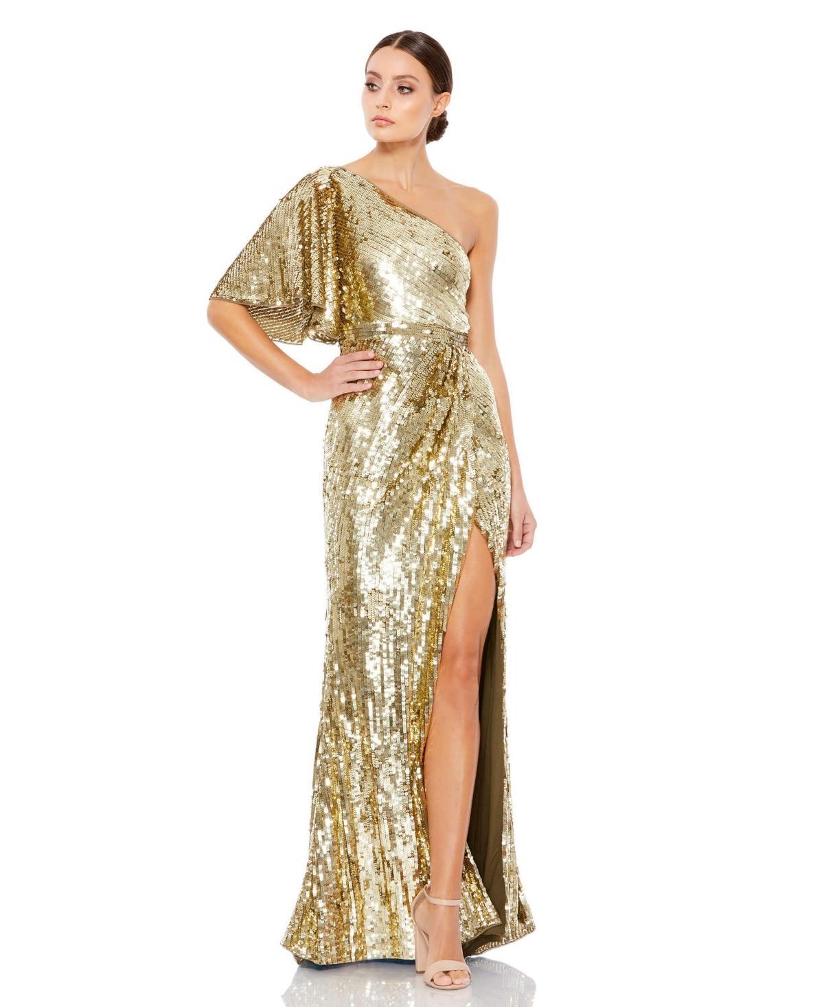 Mac Duggal Womens Womens Embellished Bell Sleeve One Shoulder Neck Trumpet Gown Product Image