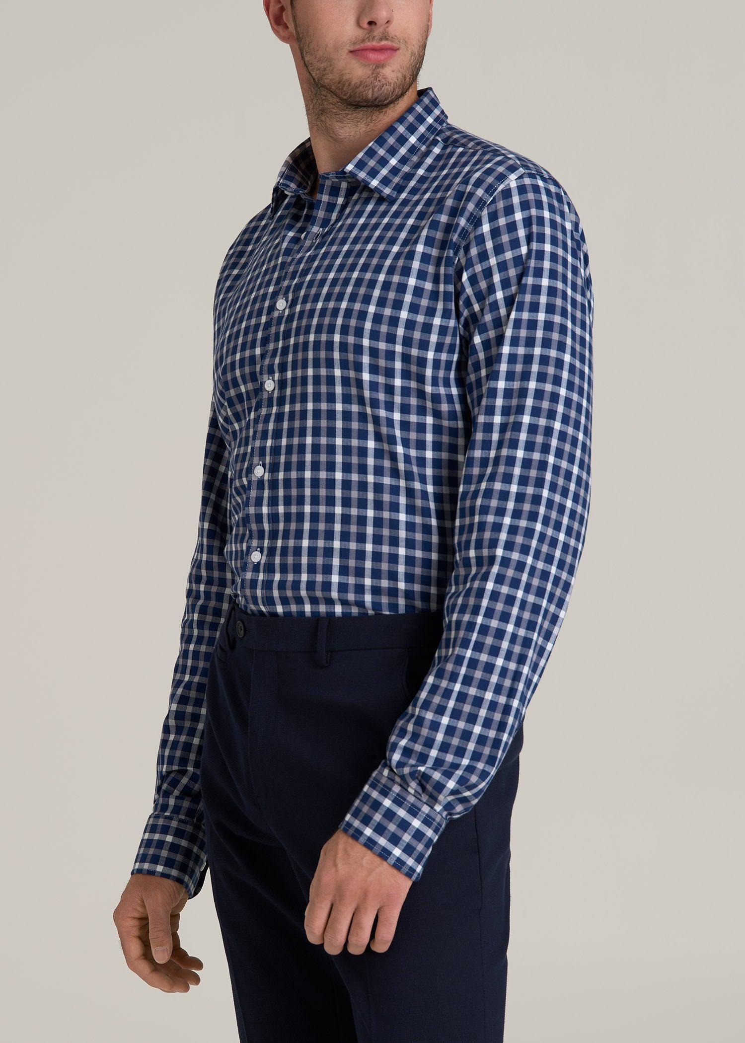 Oskar Button-Up Dress Shirt for Tall Men in Navy and Grey Grid Male Product Image