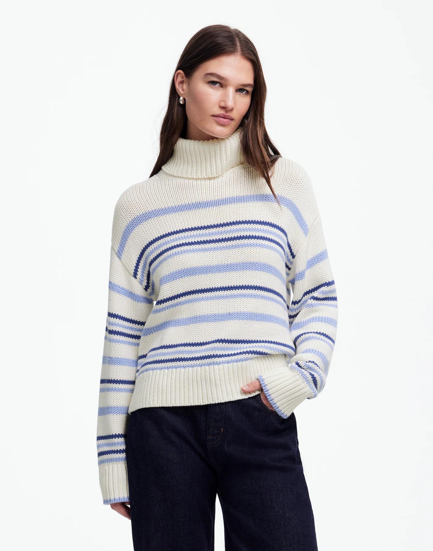 Ribbed Cotton Turtleneck Sweater in Stripe Product Image