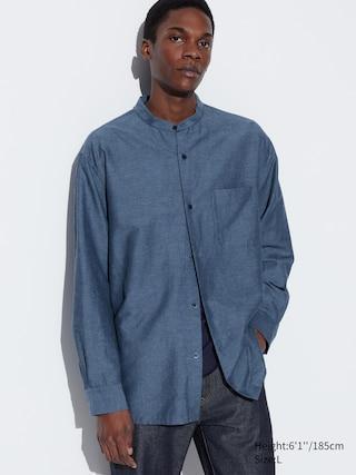 Mens Cotton Linen Stand Collar Shirt Blue XL UNIQLO US Product Image