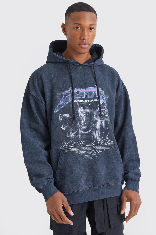 Oversized Acid Wash Dog Graphic Hoodie | boohooMAN USA Product Image